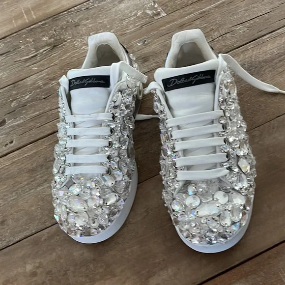 Dolce & Gabbana Portofino Crystal Embellished Leather Sneakers - Picture 4 of 16